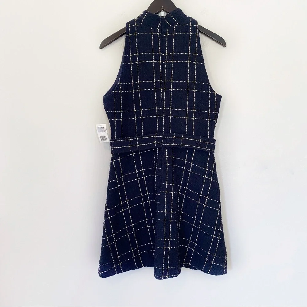NWT Alexia Admor Avery Plaid Tweed Fit & Flare Dress Navy White Gold size Large - Picture 10 of 10